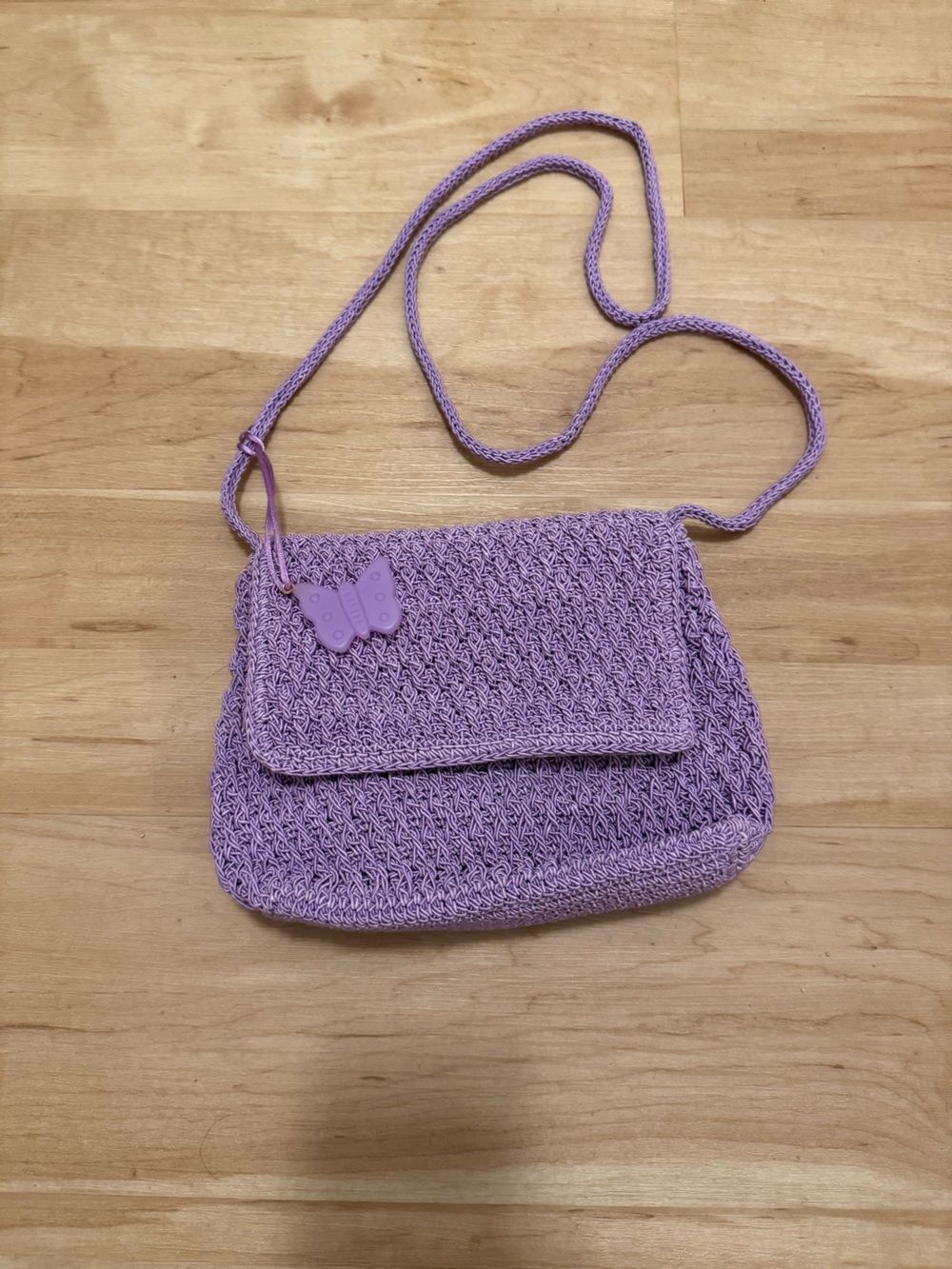 Y2K Crochet Macrame Purple Pastel Small Purse Crossbody with Butterfly Bag Charm - Picture 1 of 6